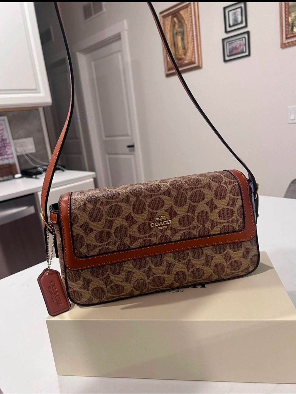 Coach Brown Signature Canvas Shoulder Bag with Tan Trim